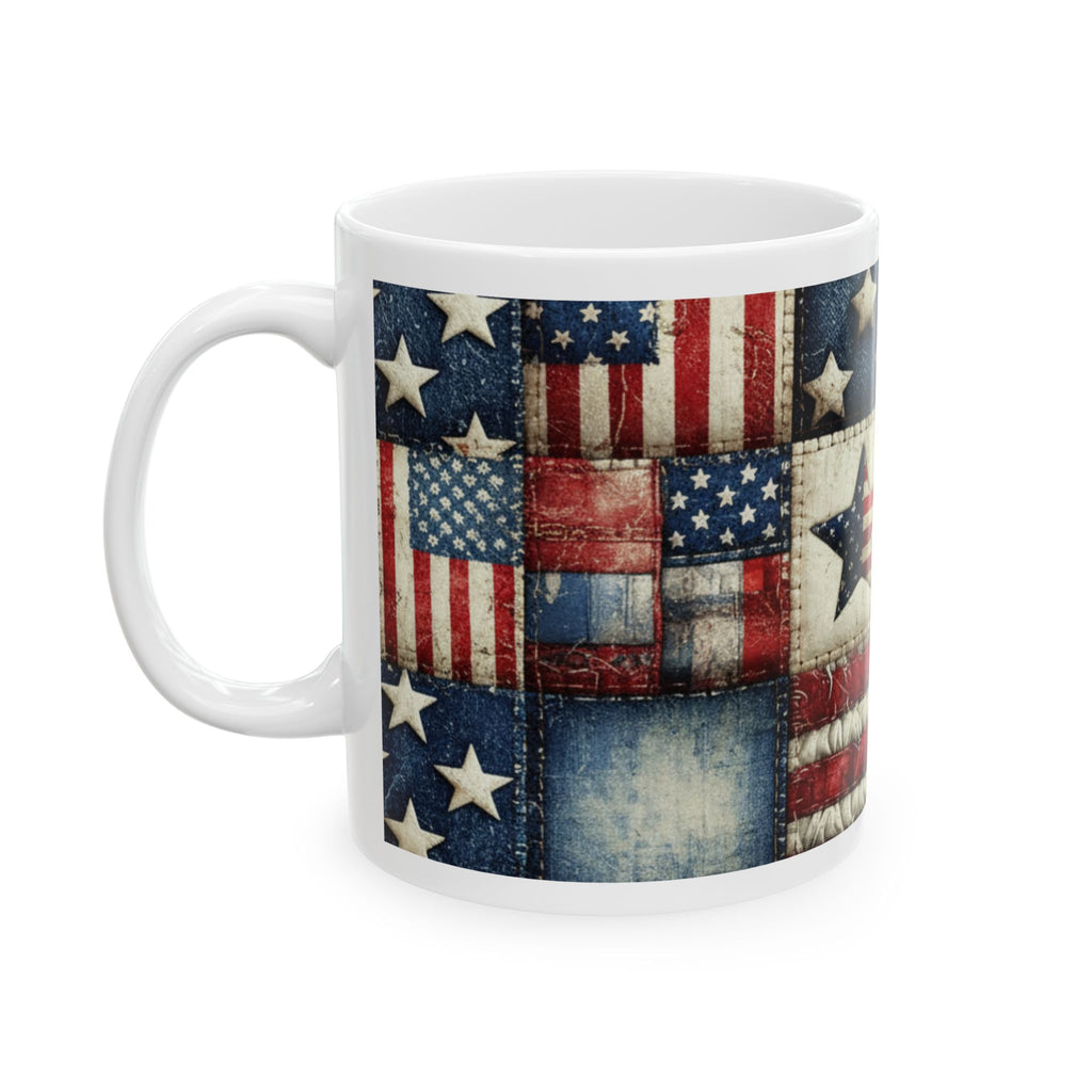 Patriotic Patchwork Ceramic Mug with American Flag Design