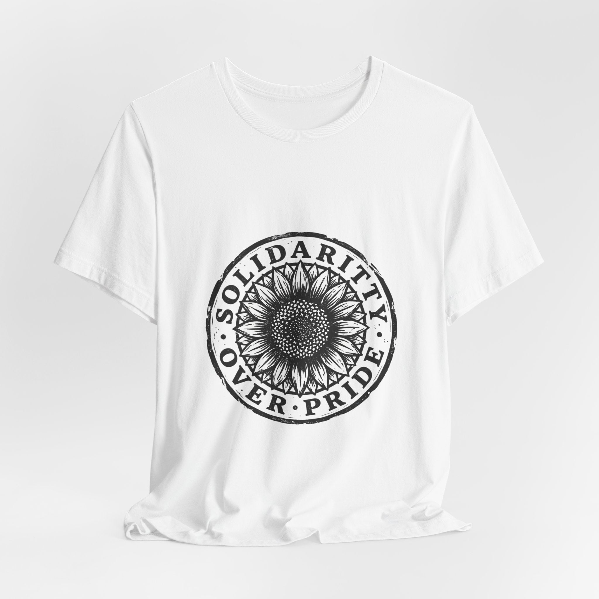 Solidarity Over Pride sunflower logo Tee | People Over Profit values-led apparel