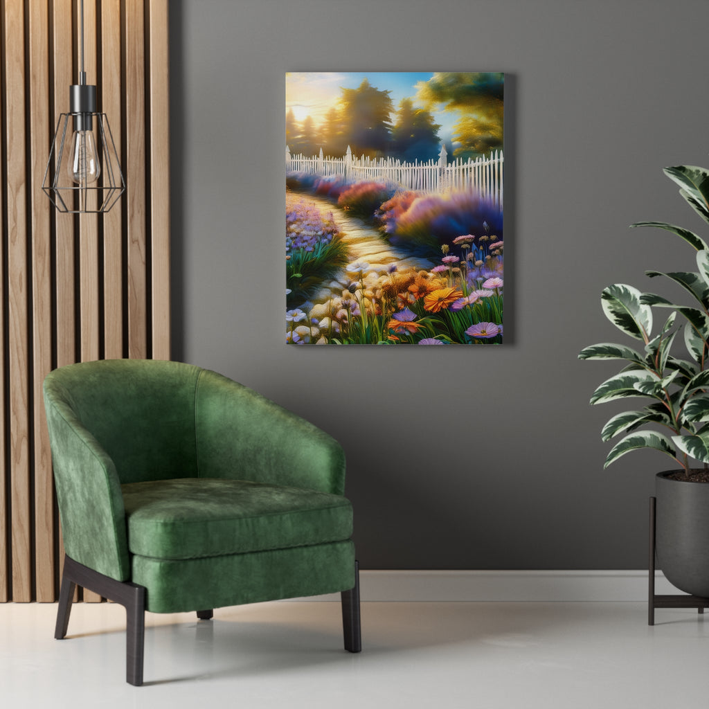 Sunlit Garden Path Stretched Canvas – Colorful Floral Landscape Wall Art