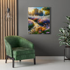 Sunlit Garden Path Stretched Canvas – Colorful Floral Landscape Wall Art