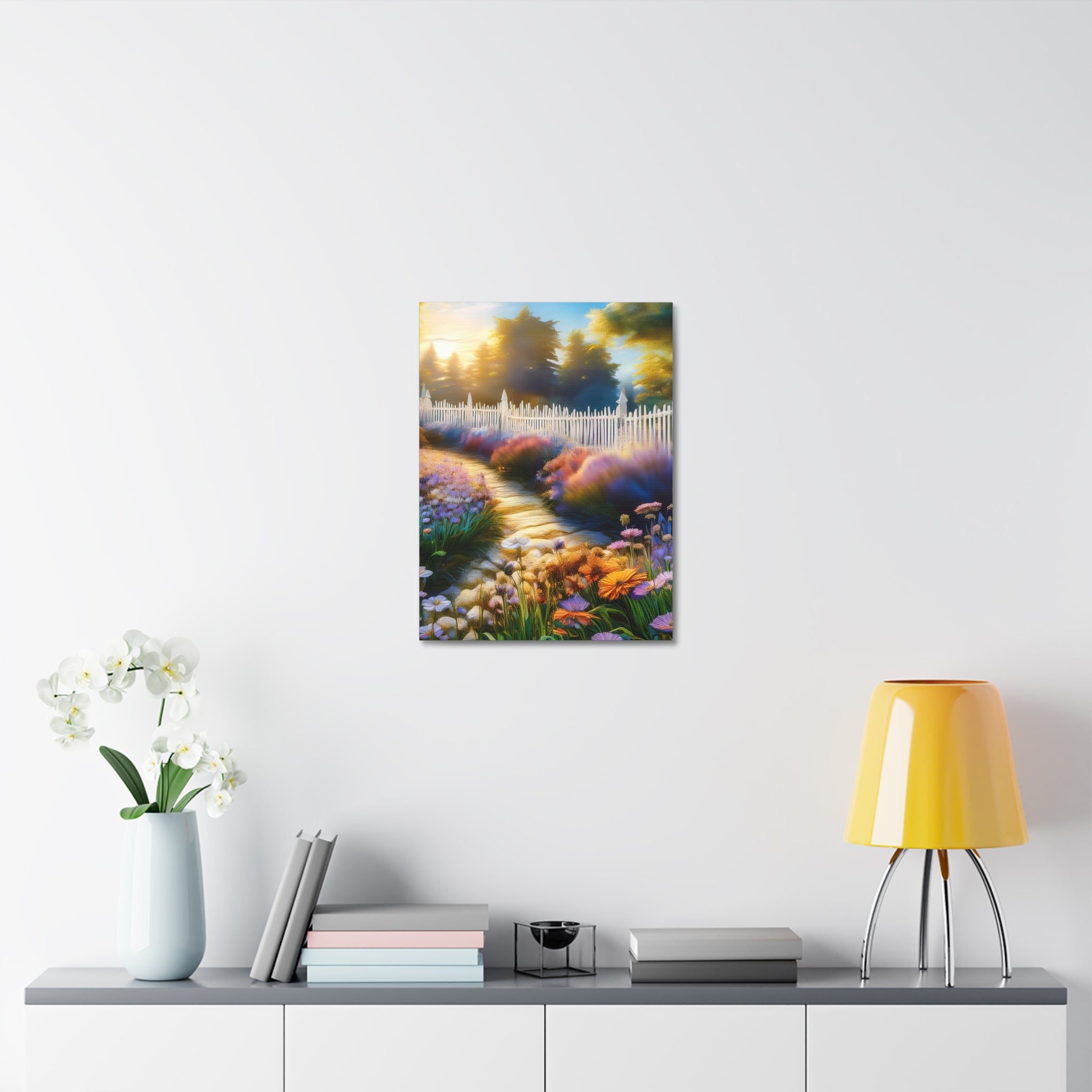 Sunlit Garden Path Stretched Canvas – Colorful Floral Landscape Wall Art
