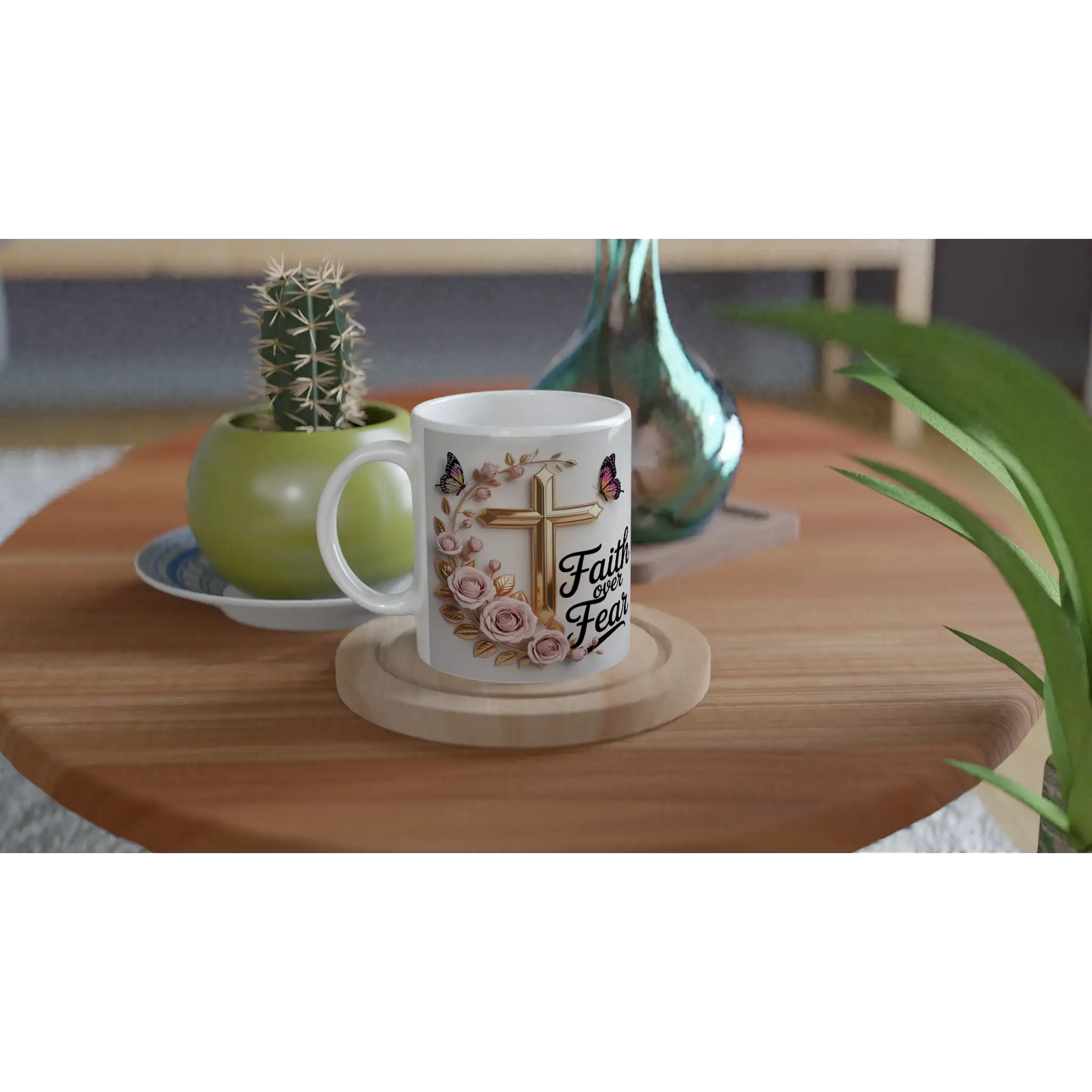 Ceramic mug with religious cross and floral design