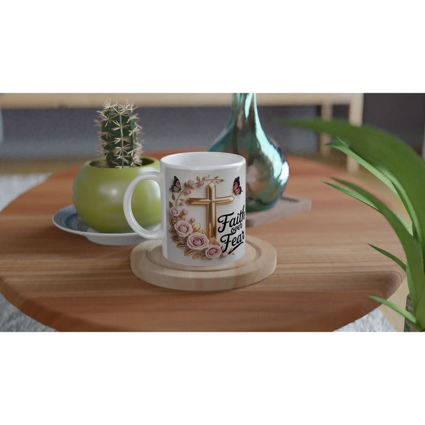 Ceramic mug with religious cross and floral design