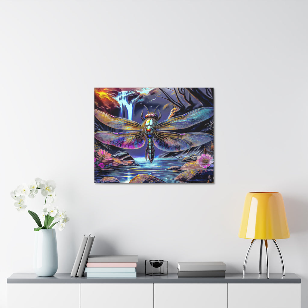 Dragonfly Fantasy Stretched Canvas Wall Art — Colorful Waterfall Nature Scene