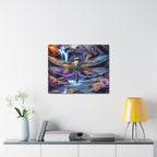 Dragonfly Fantasy Stretched Canvas Wall Art — Colorful Waterfall Nature Scene
