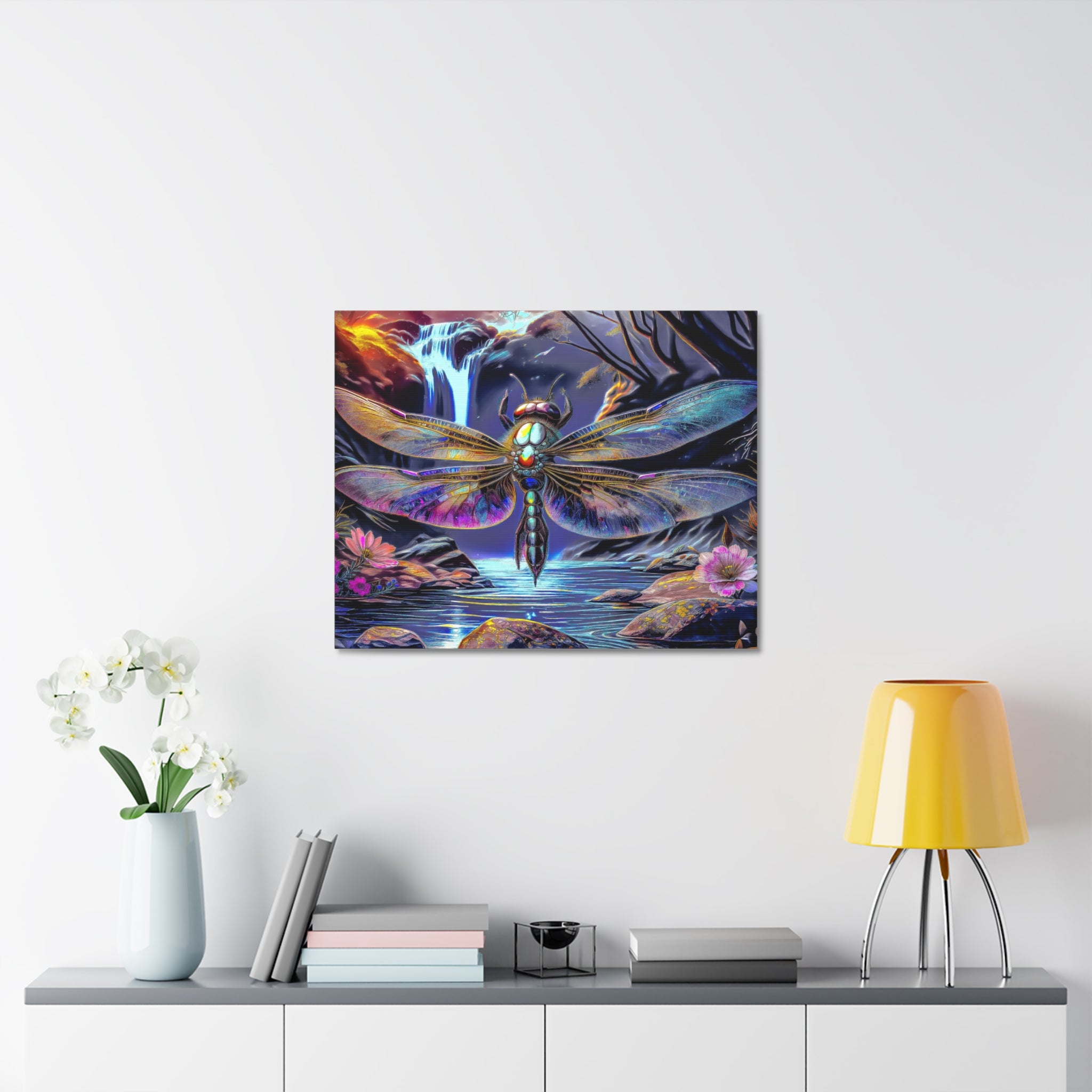 Dragonfly Fantasy Stretched Canvas Wall Art — Colorful Waterfall Nature Scene