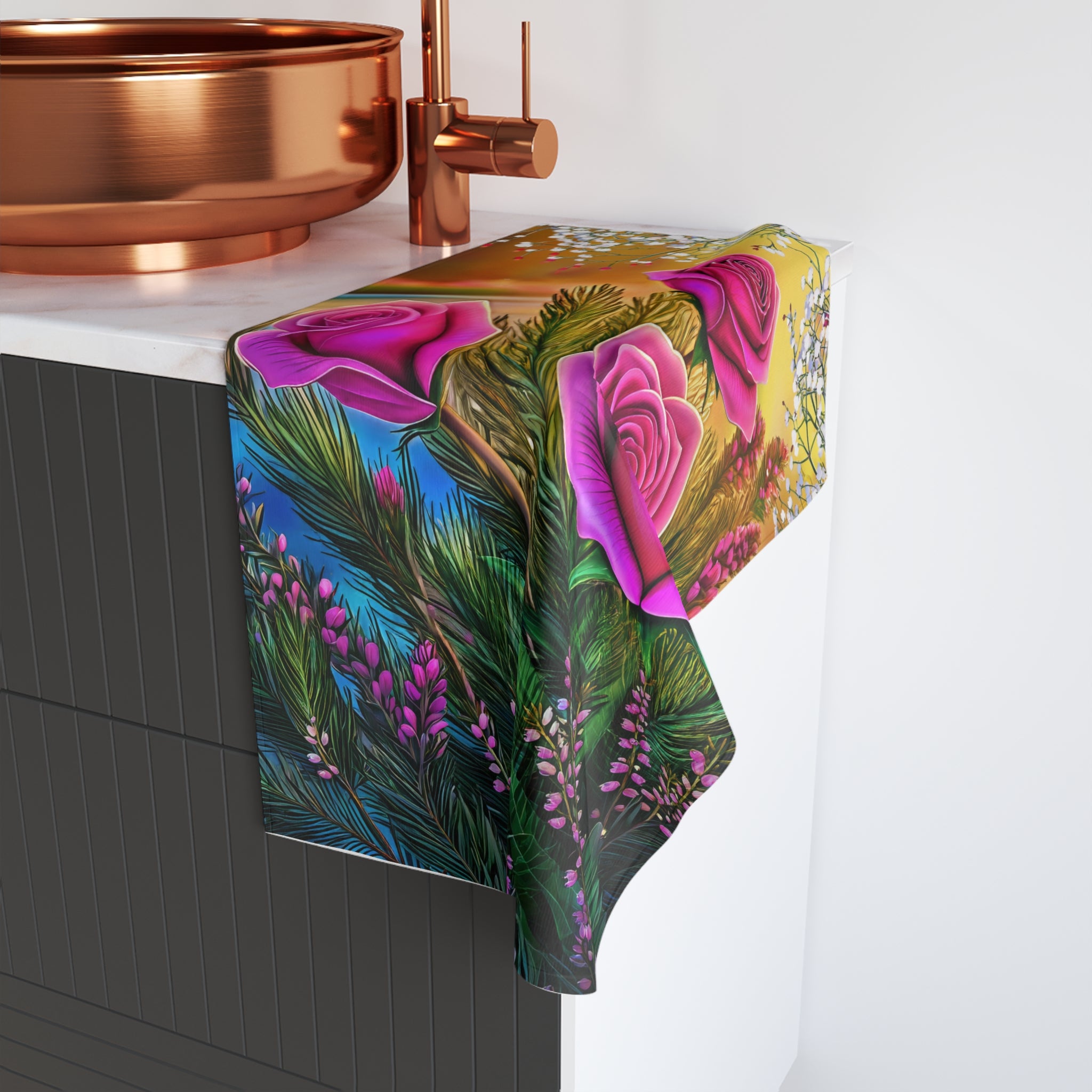 Floral Rose Bouquet Hand Towel with Vibrant Pink Roses
