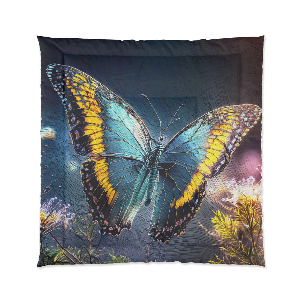 Blue Butterfly Comforter - Floral Nature Bedding, Dreamy Garden Bedroom Décor