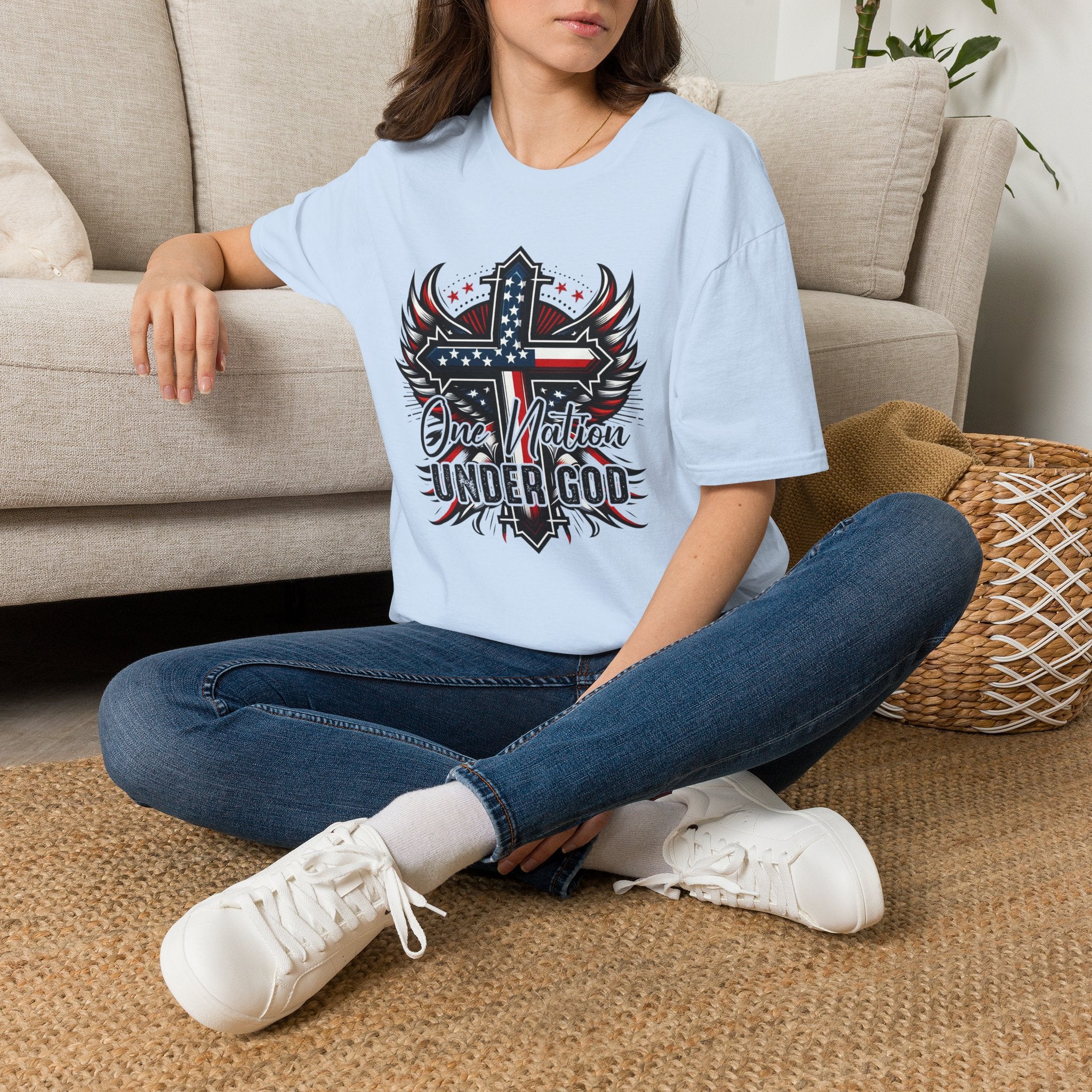 Christian Cross T-Shirt — "One Nation Under God" Patriotic Graphic Tee