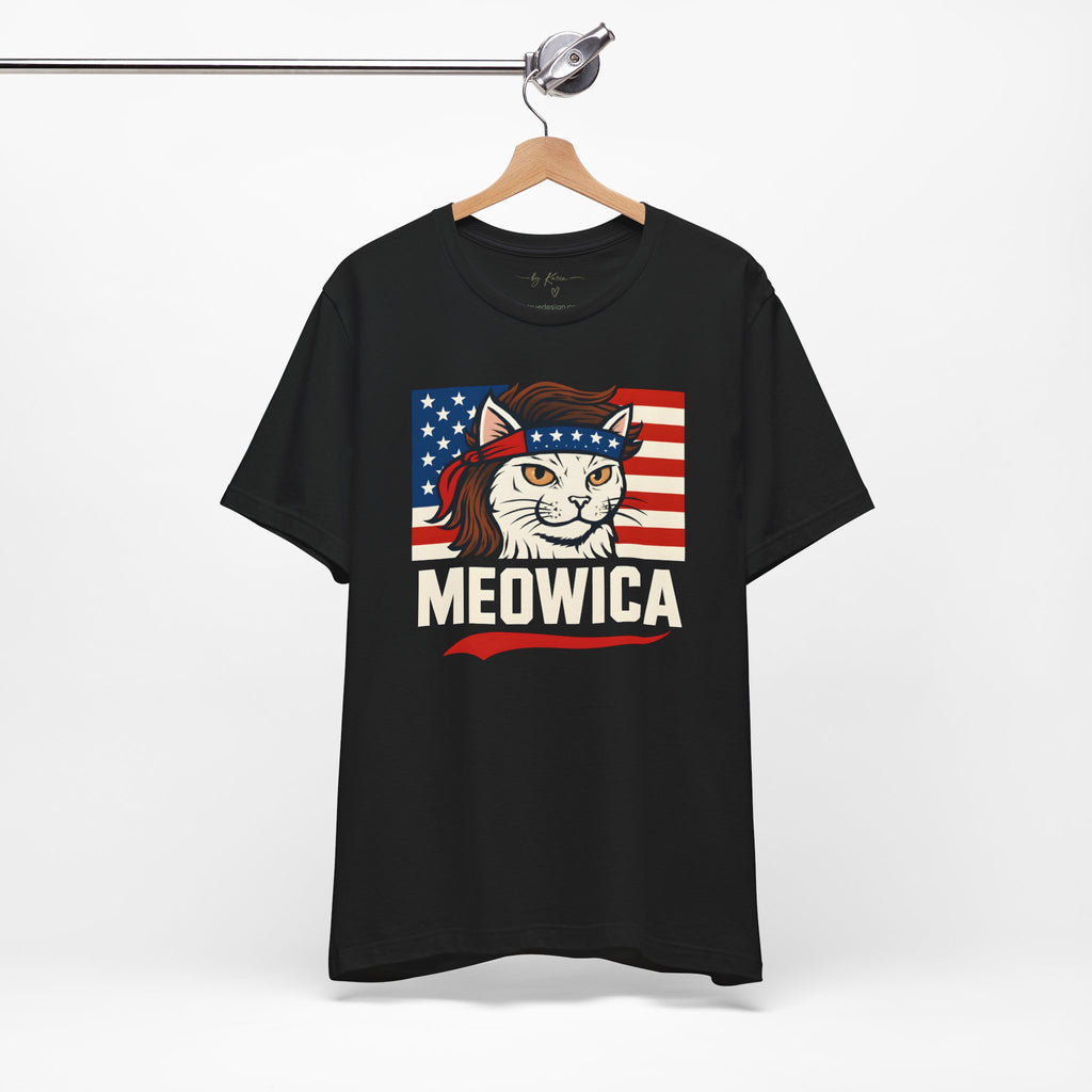 T-Shirt — "Meowica" Patriotic Cat Tee (American Flag, Funny 4th of July Shirt)