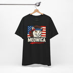 T-Shirt — "Meowica" Patriotic Cat Tee (American Flag, Funny 4th of July Shirt)