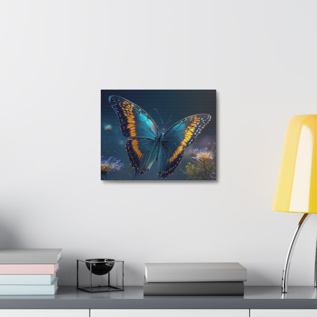 Blue & Gold Butterfly Stretched Canvas Wall Art — Dreamy Nature Print
