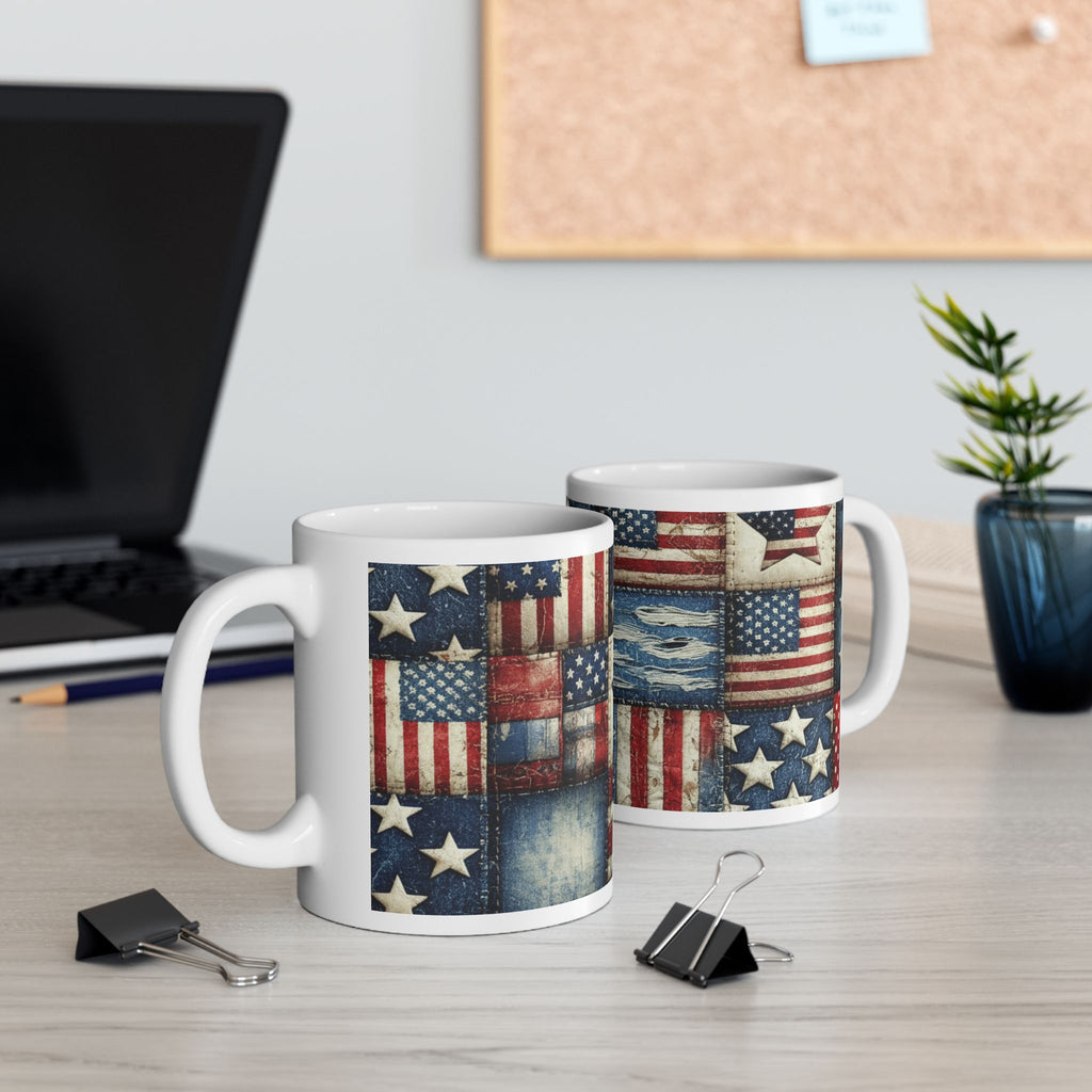 Patriotic Patchwork Ceramic Mug with American Flag Design