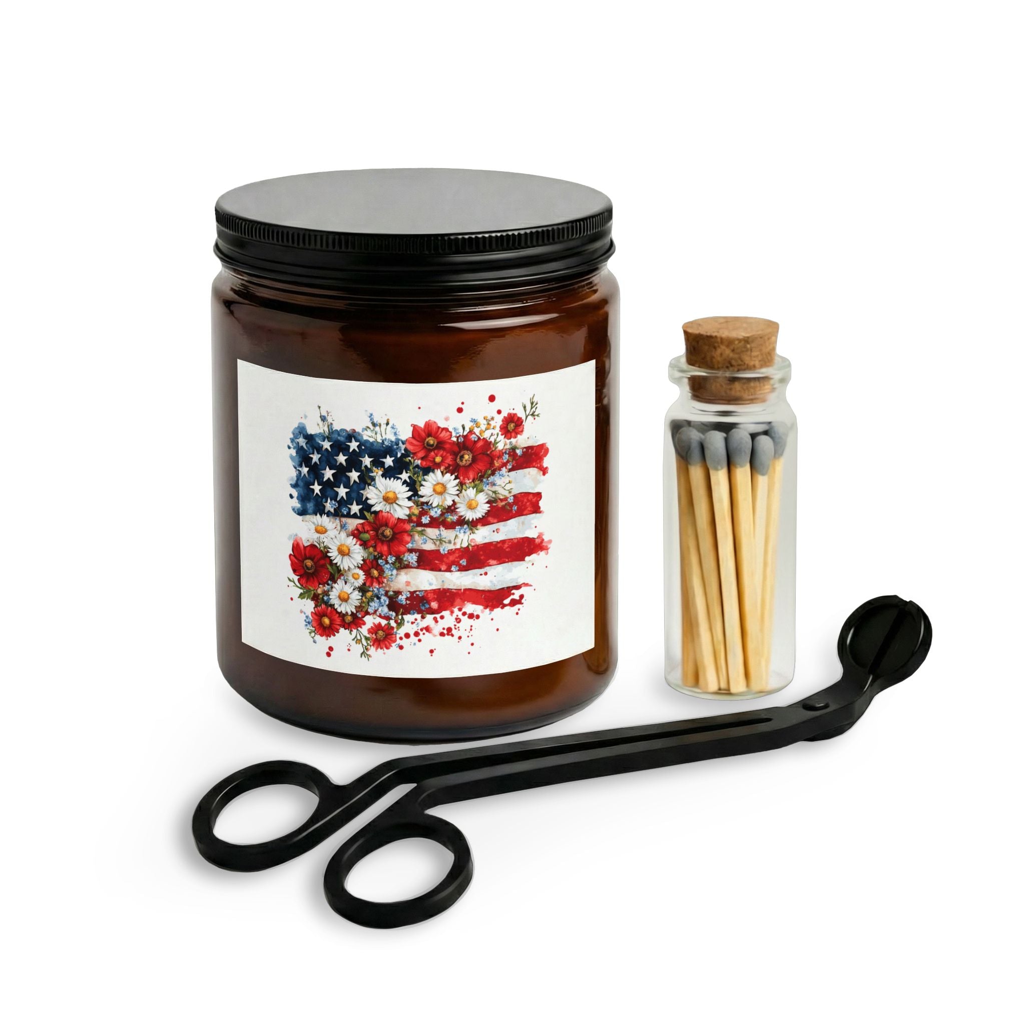 Patriotic Floral Candle Set — American Flag Jar Candle with Matches & Wick Trimmer