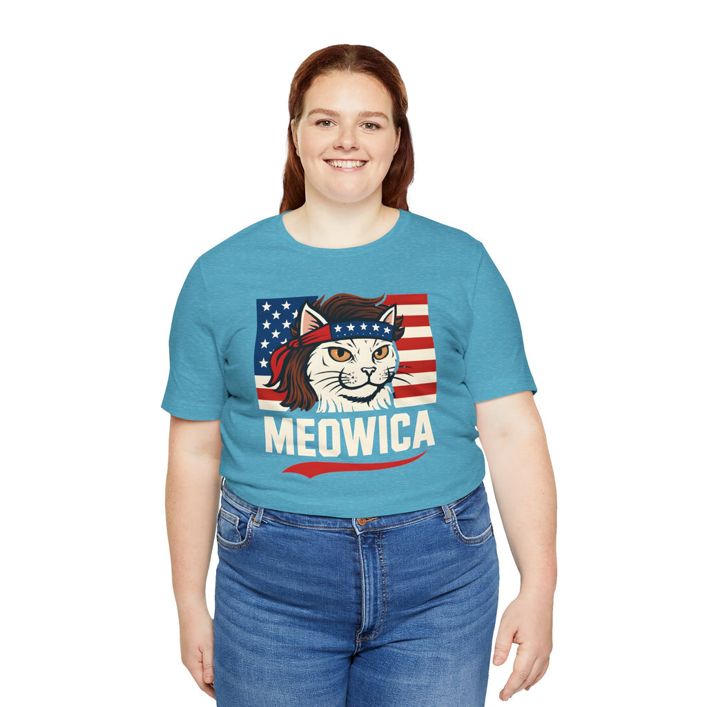 T-Shirt — "Meowica" Patriotic Cat Tee (American Flag, Funny 4th of July Shirt)