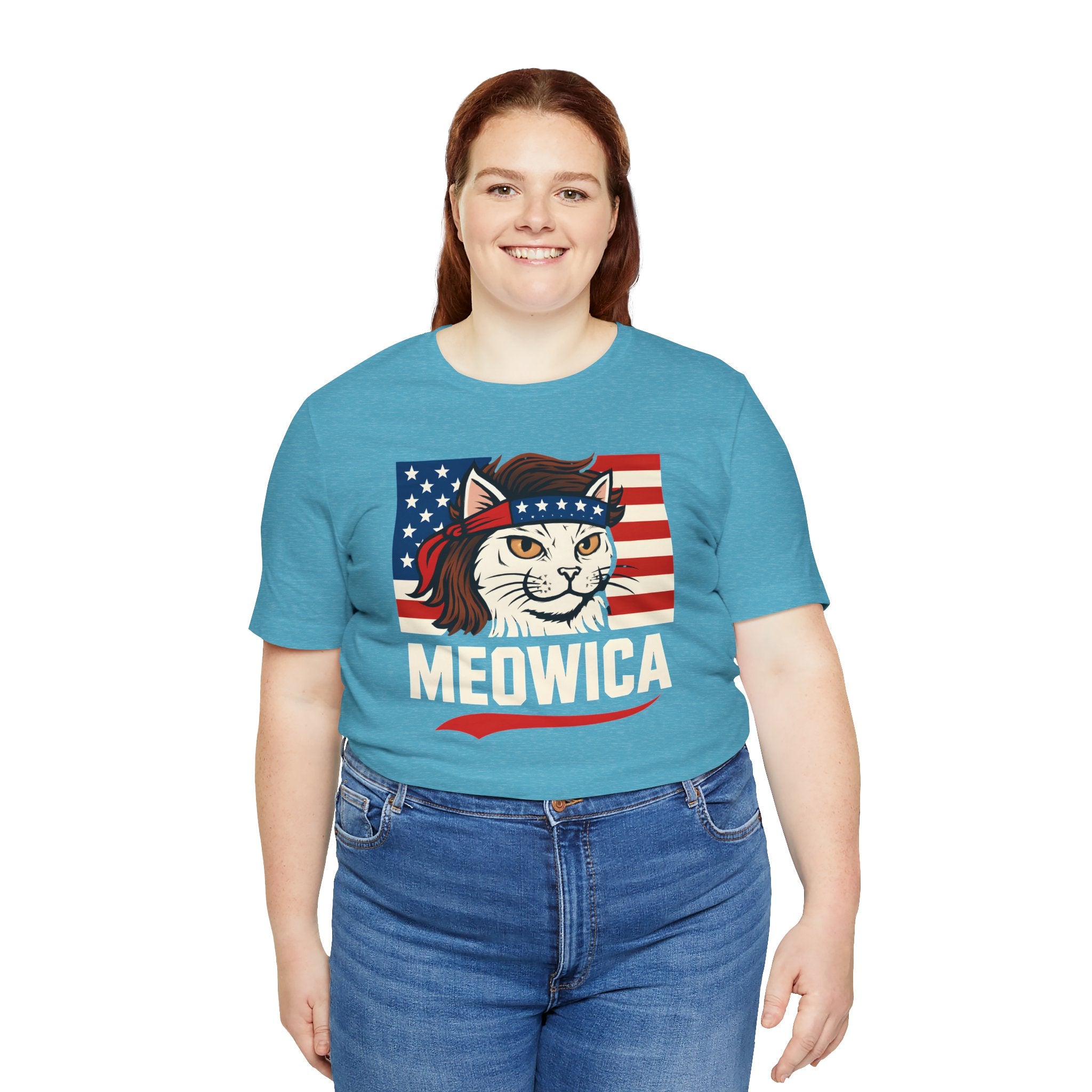 T-Shirt — "Meowica" Patriotic Cat Tee (American Flag, Funny 4th of July Shirt)