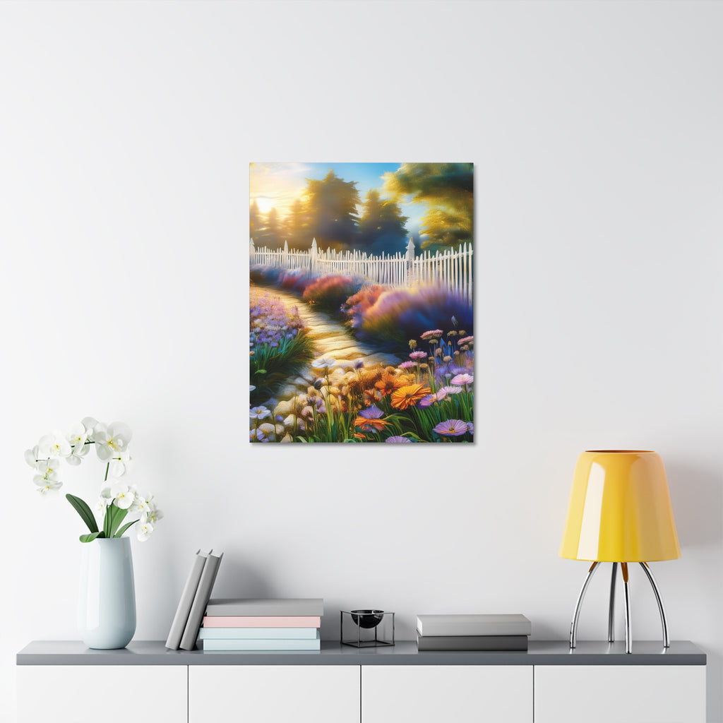 Sunlit Garden Path Stretched Canvas – Colorful Floral Landscape Wall Art