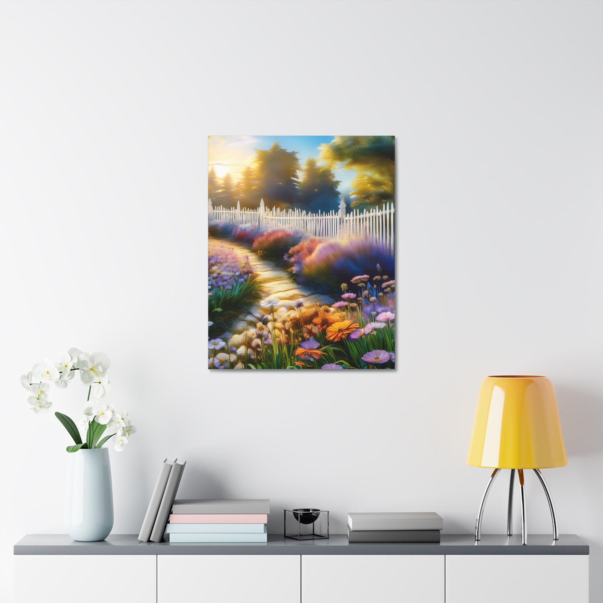 Sunlit Garden Path Stretched Canvas – Colorful Floral Landscape Wall Art