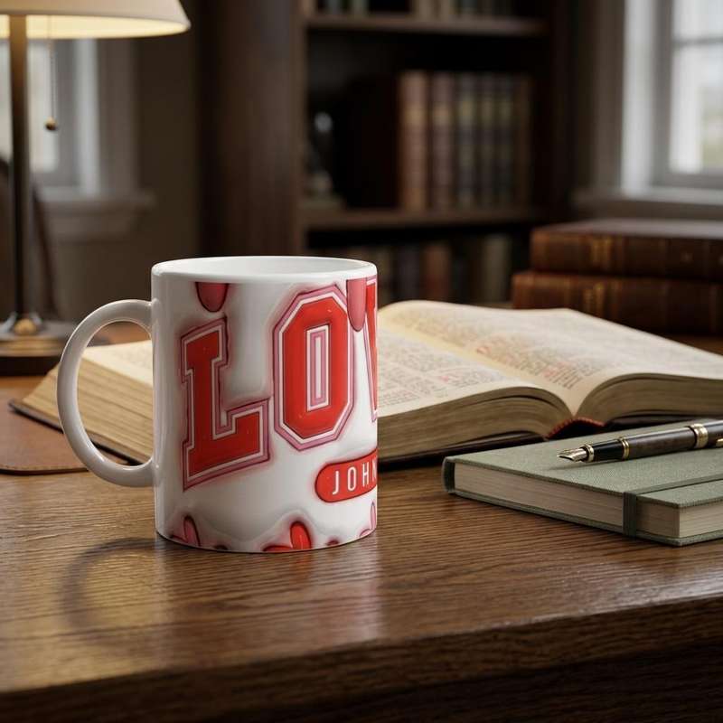 Ceramic mug with Love design on wooden desk