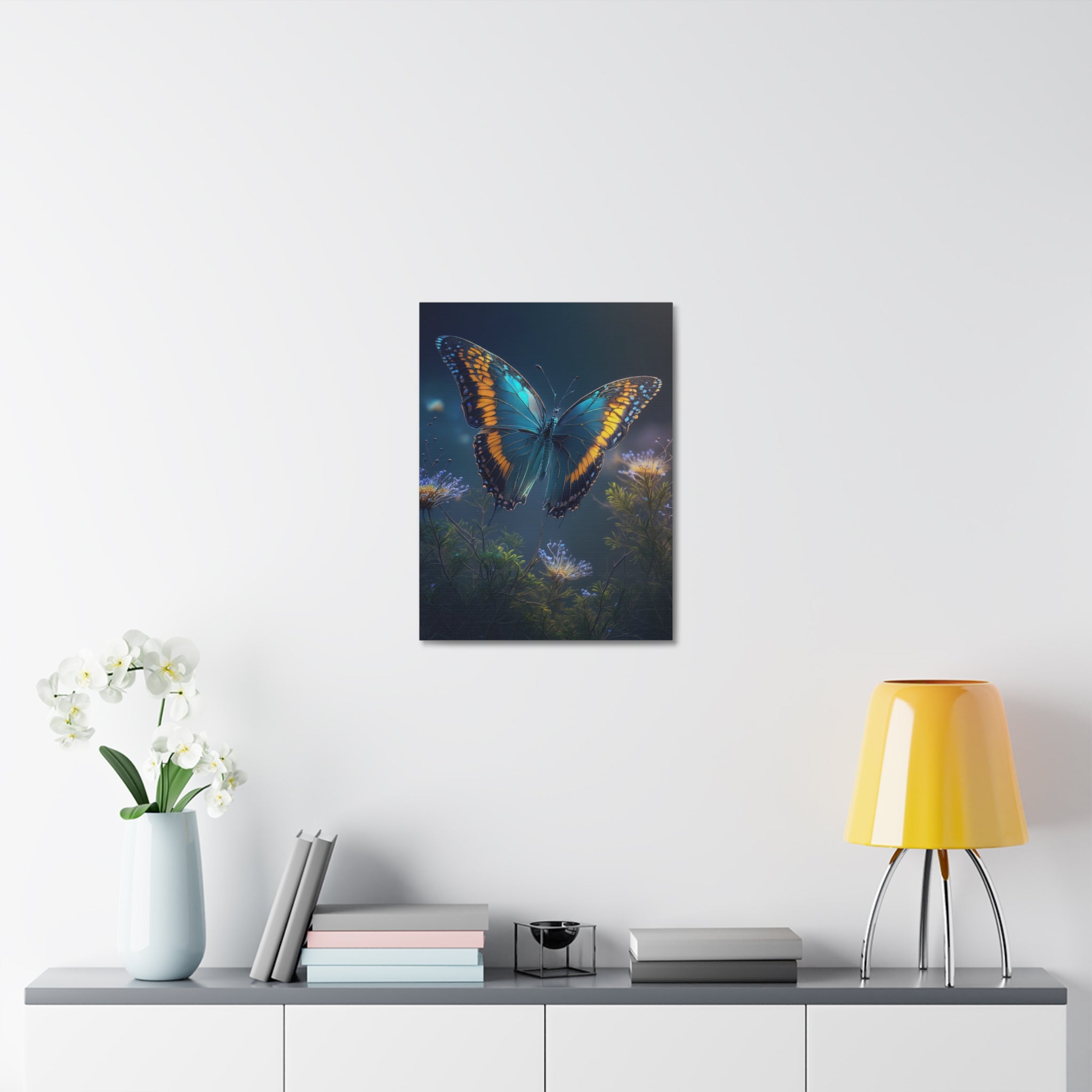 Blue & Gold Butterfly Stretched Canvas Wall Art — Dreamy Nature Print