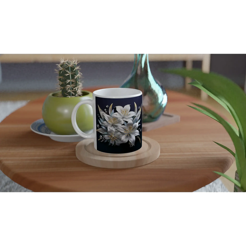 Ceramic mug with floral design on table with books and plants