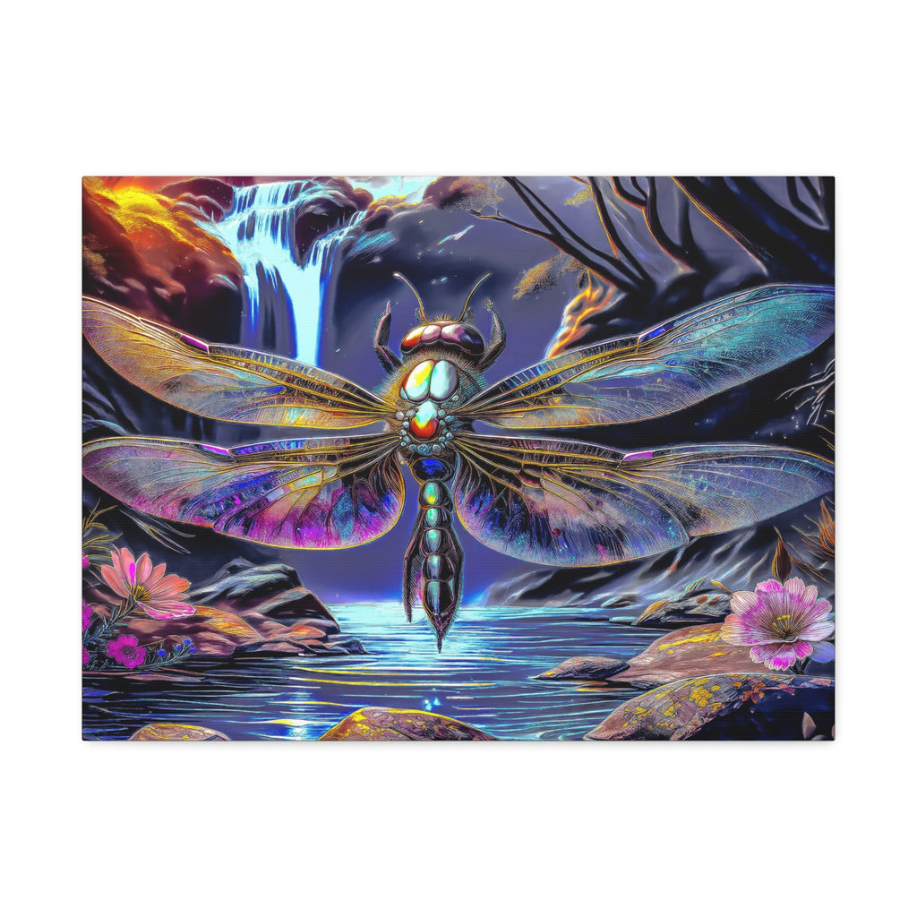 Dragonfly Fantasy Stretched Canvas Wall Art — Colorful Waterfall Nature Scene