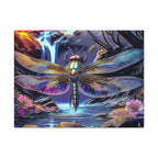 Dragonfly Fantasy Stretched Canvas Wall Art — Colorful Waterfall Nature Scene