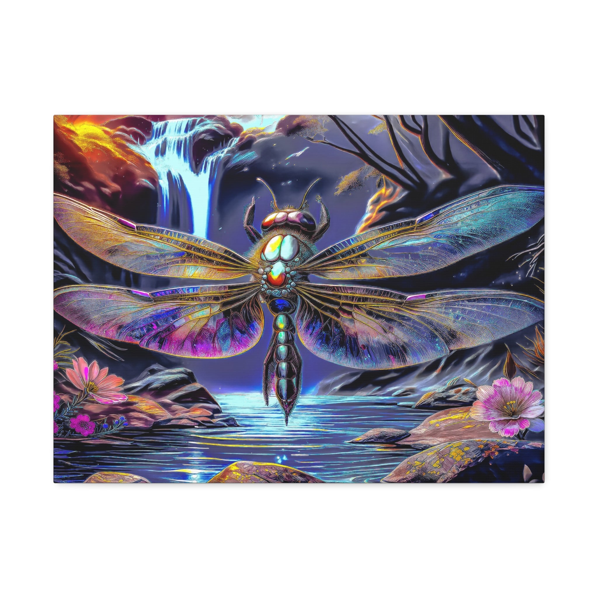 Dragonfly Fantasy Stretched Canvas Wall Art — Colorful Waterfall Nature Scene