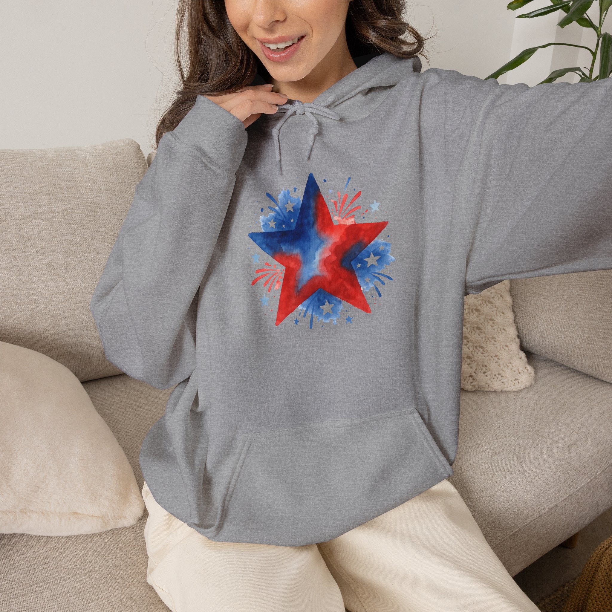 Patriotic Red & Blue Star Hoodie — 4th of July Firework Sweatshirt