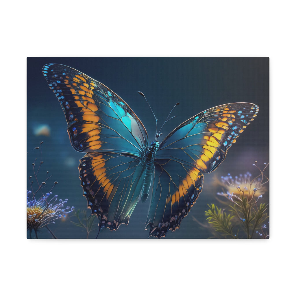 Blue & Gold Butterfly Stretched Canvas Wall Art — Dreamy Nature Print
