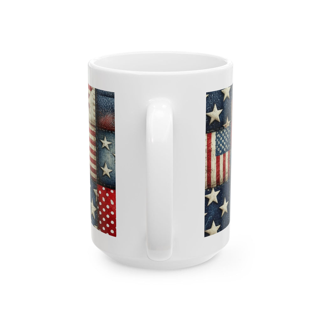 Patriotic Patchwork Ceramic Mug with American Flag Design