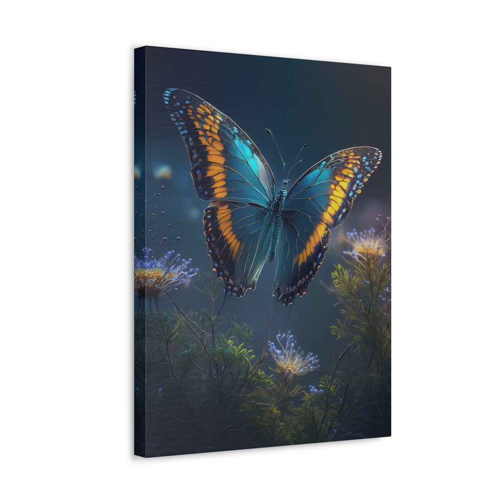Blue & Gold Butterfly Stretched Canvas Wall Art — Dreamy Nature Print
