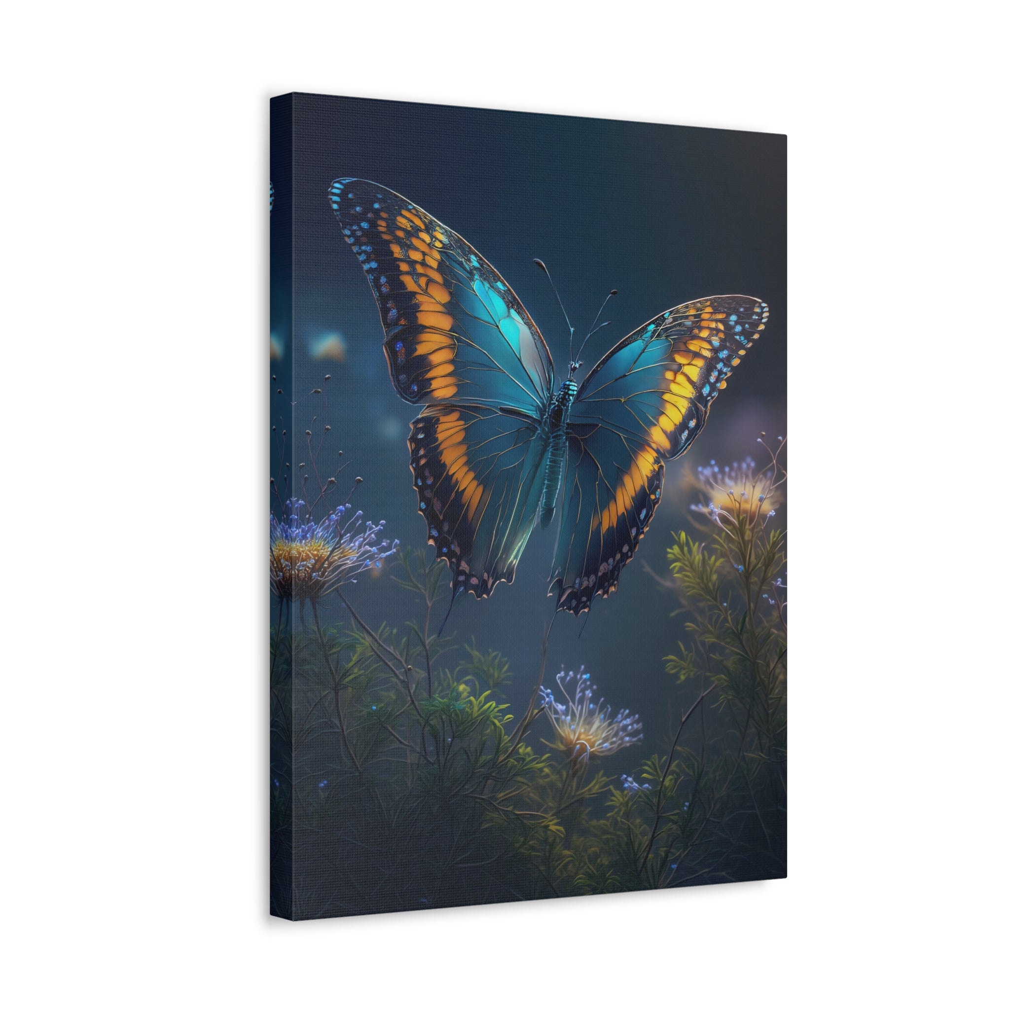 Blue & Gold Butterfly Stretched Canvas Wall Art — Dreamy Nature Print