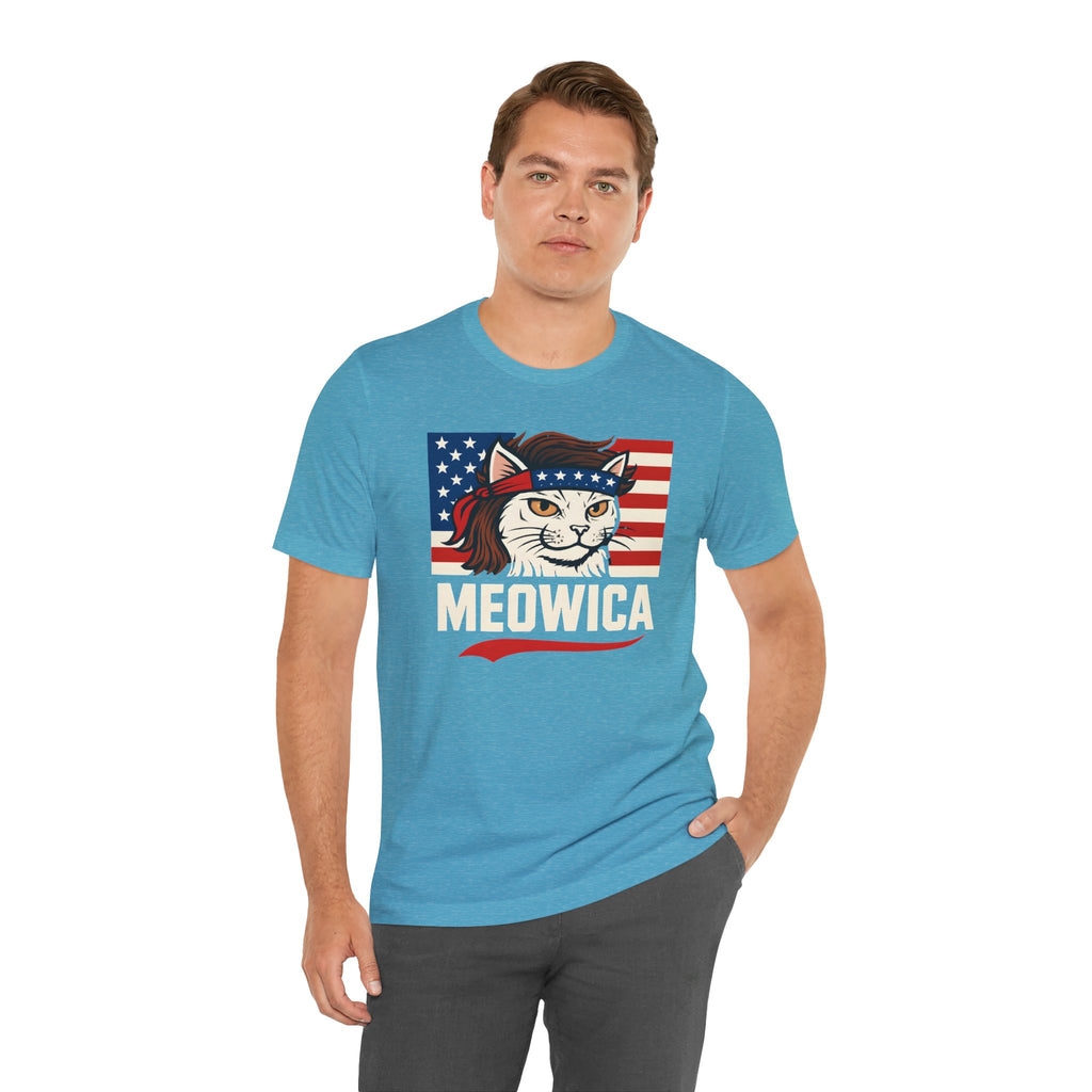 T-Shirt — "Meowica" Patriotic Cat Tee (American Flag, Funny 4th of July Shirt)