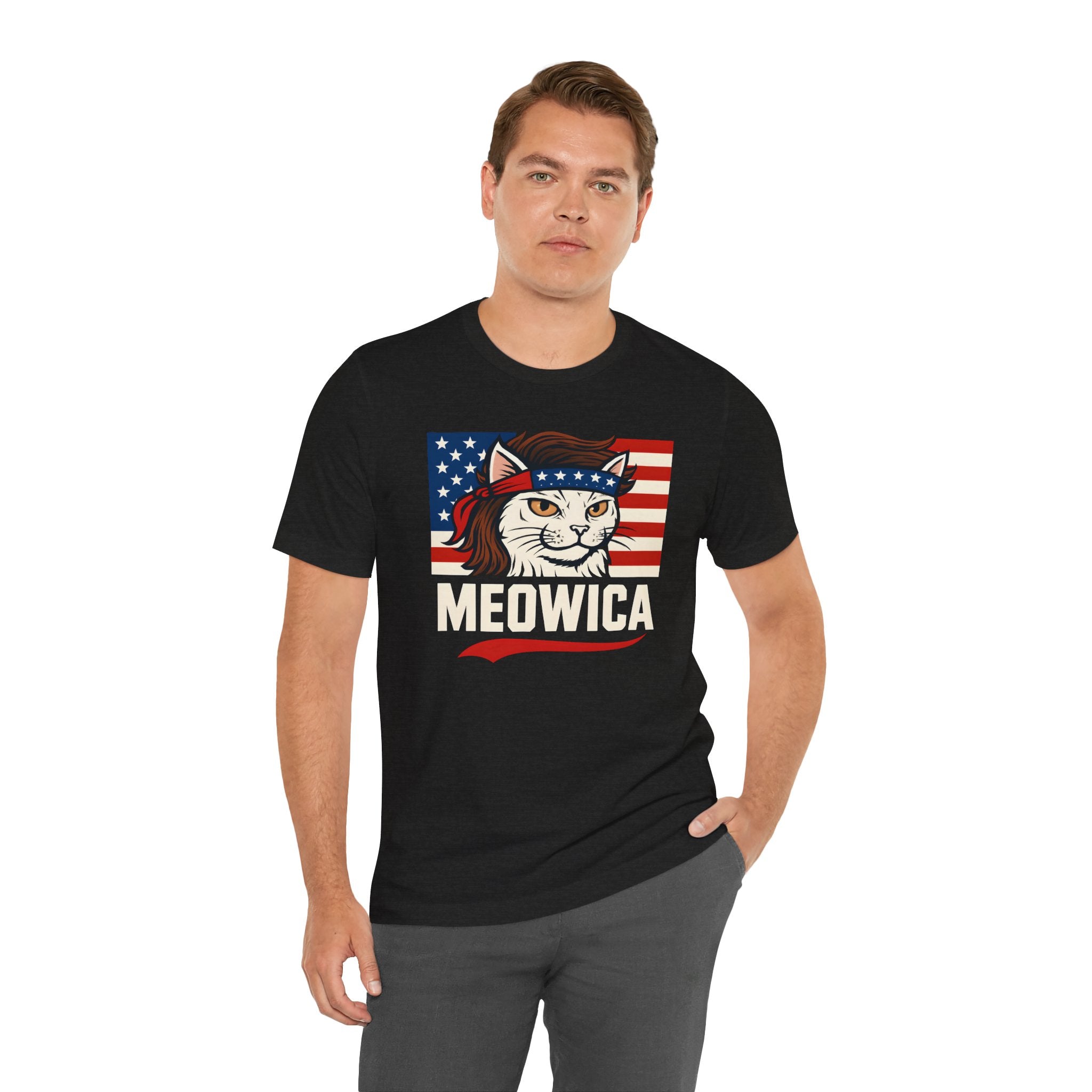 T-Shirt — "Meowica" Patriotic Cat Tee (American Flag, Funny 4th of July Shirt)