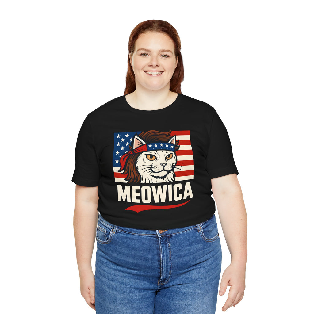T-Shirt — "Meowica" Patriotic Cat Tee (American Flag, Funny 4th of July Shirt)