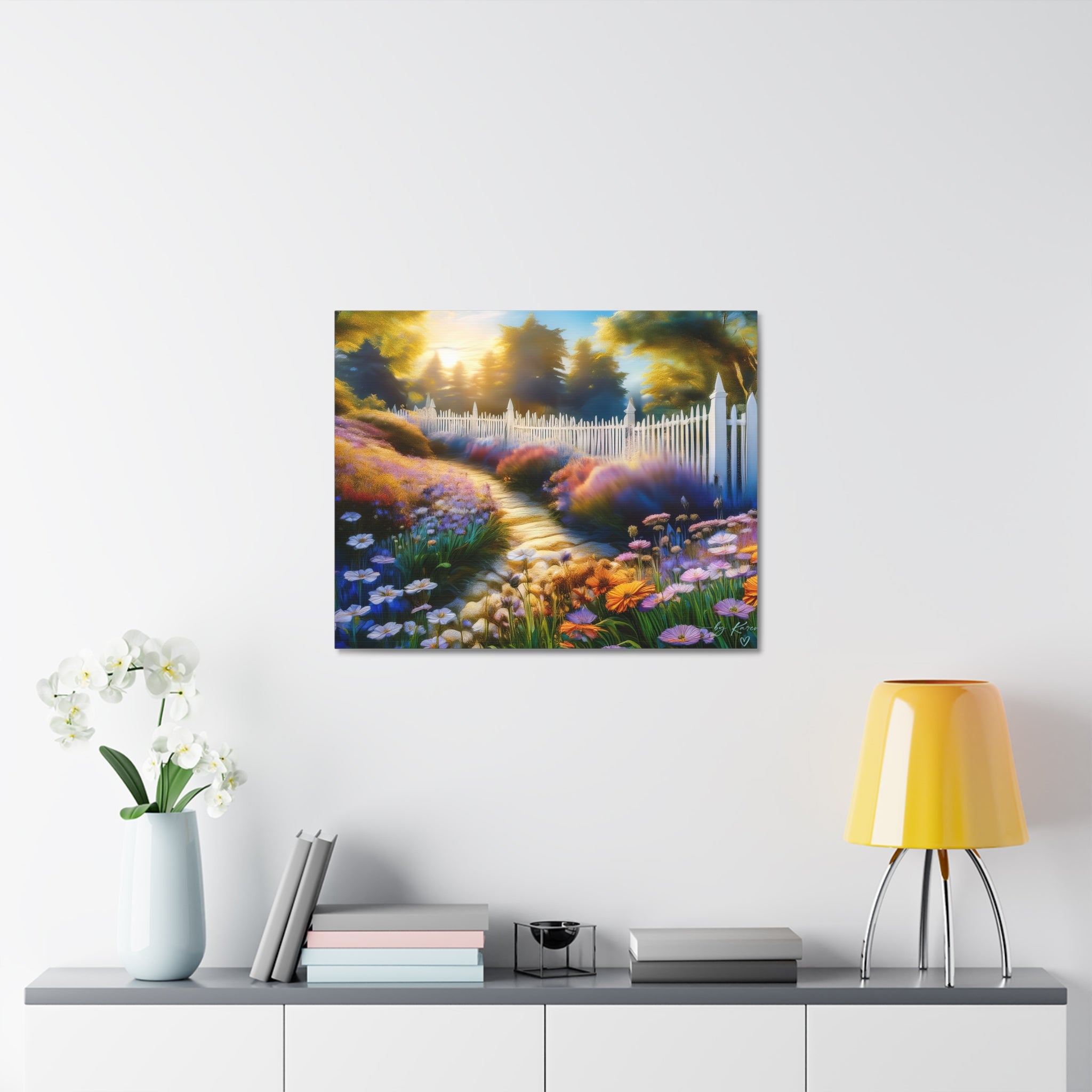 Sunlit Garden Path Stretched Canvas – Colorful Floral Landscape Wall Art