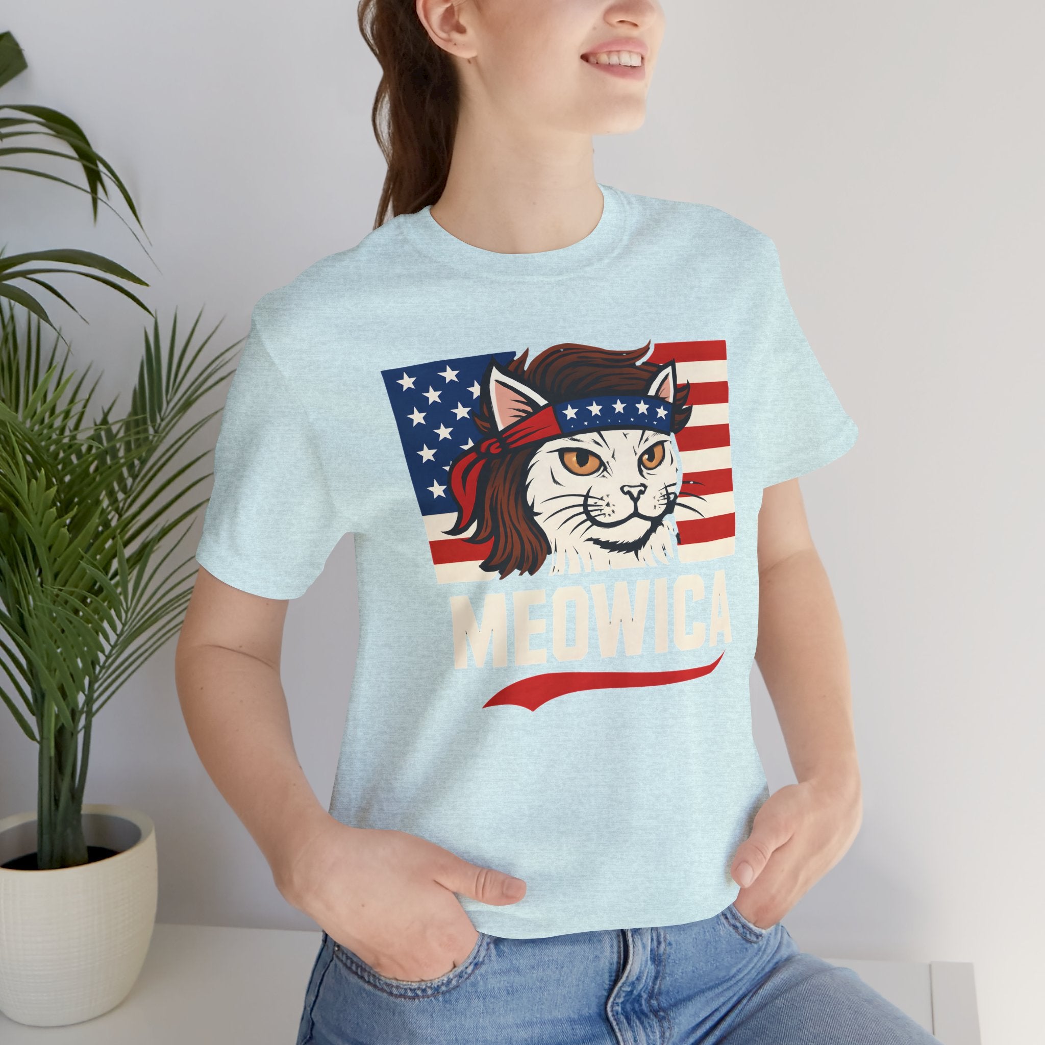 T-Shirt — "Meowica" Patriotic Cat Tee (American Flag, Funny 4th of July Shirt)
