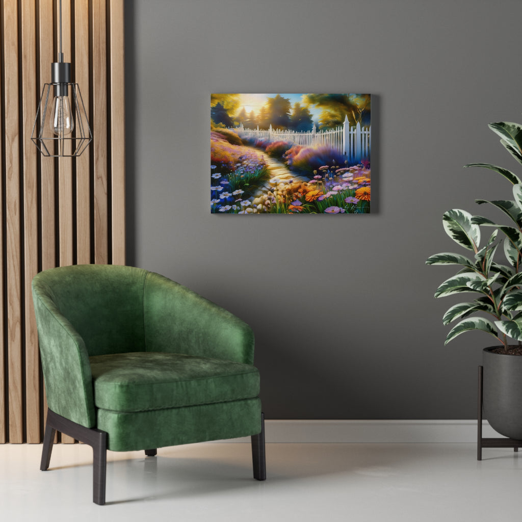Sunlit Garden Path Stretched Canvas – Colorful Floral Landscape Wall Art