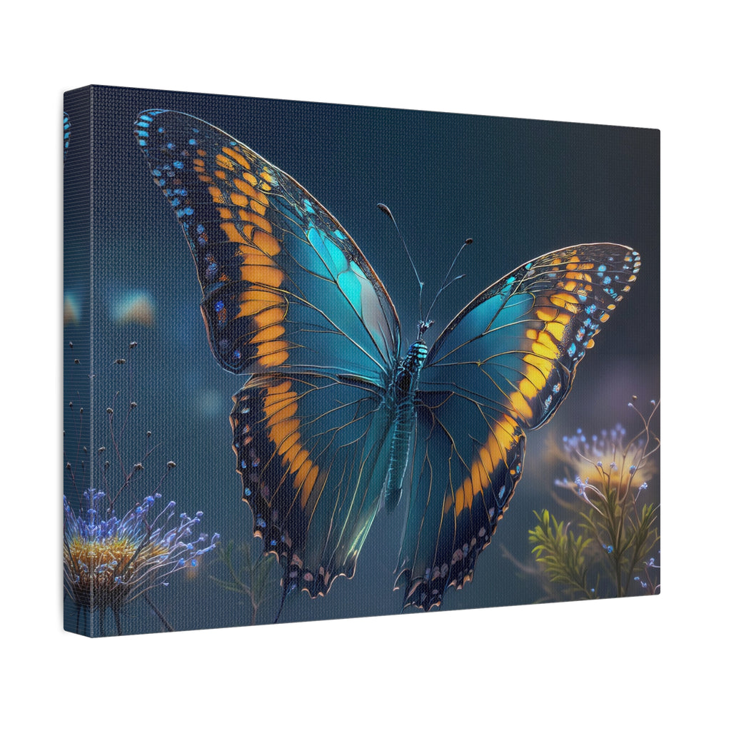 Blue & Gold Butterfly Stretched Canvas Wall Art — Dreamy Nature Print