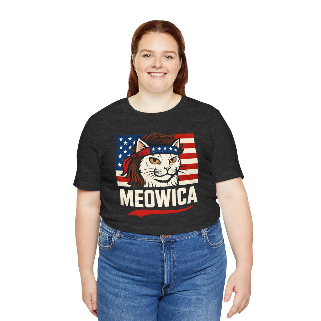 T-Shirt — "Meowica" Patriotic Cat Tee (American Flag, Funny 4th of July Shirt)