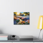 Sunlit Garden Path Stretched Canvas – Colorful Floral Landscape Wall Art