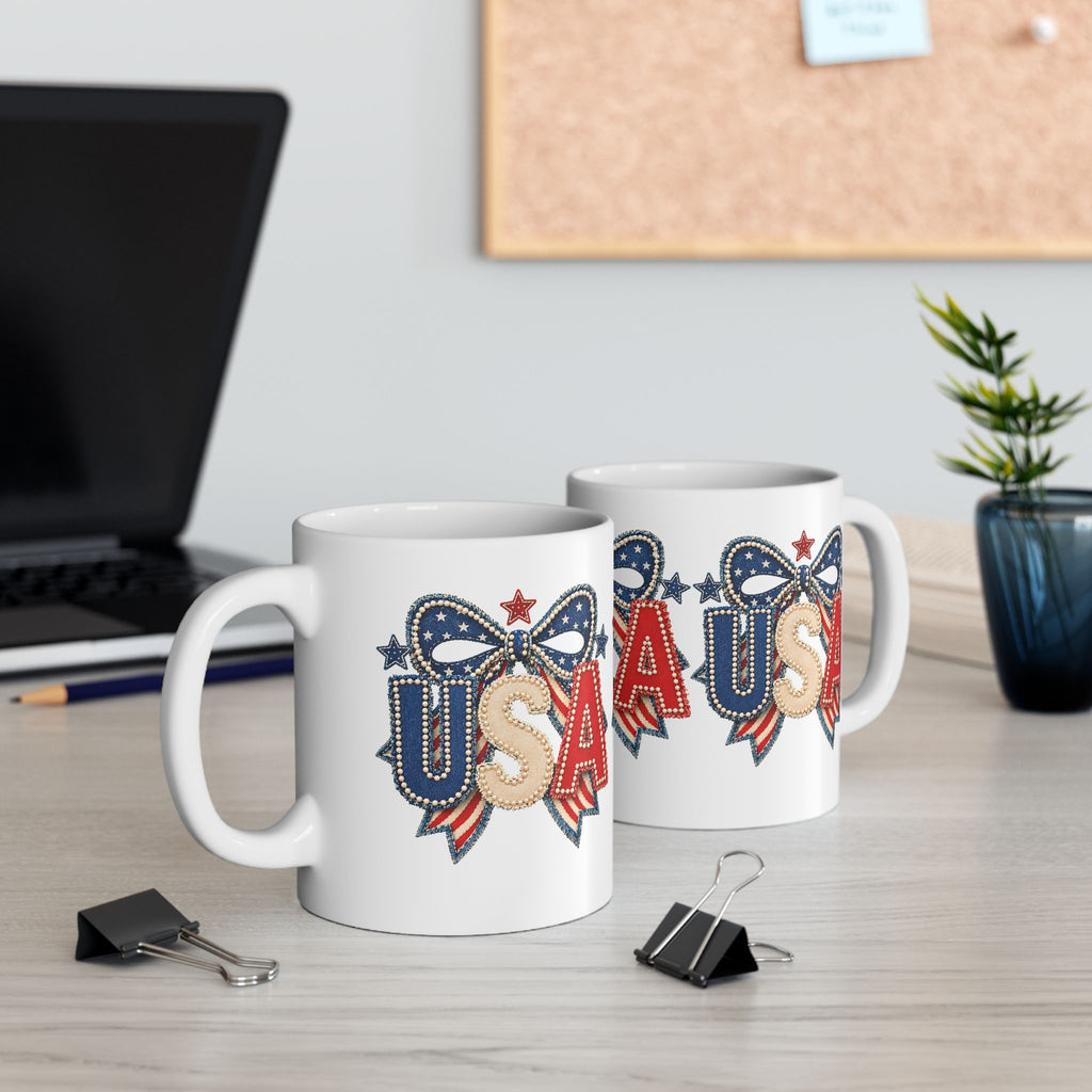 USA Patriotic Ceramic Mug with Bold Red White Blue Design