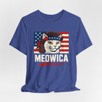 T-Shirt — "Meowica" Patriotic Cat Tee (American Flag, Funny 4th of July Shirt)