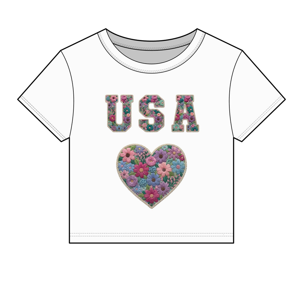 USA Floral Heart Baby Tee for Women – 4th of July