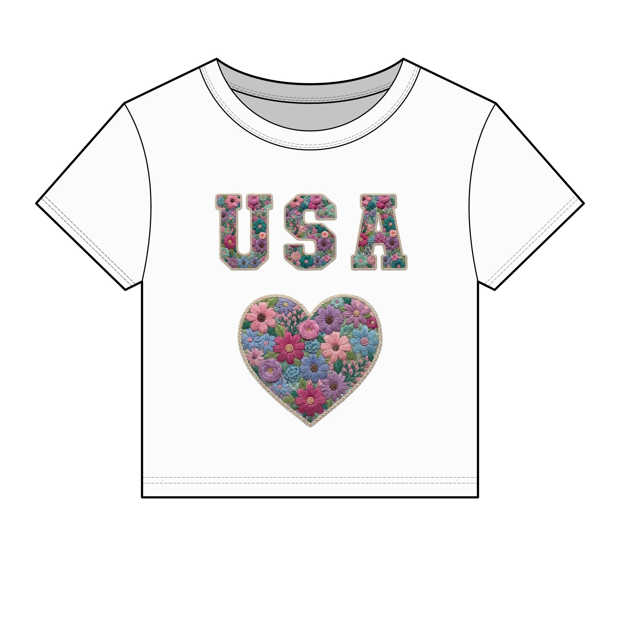 USA Floral Heart Baby Tee for Women – 4th of July