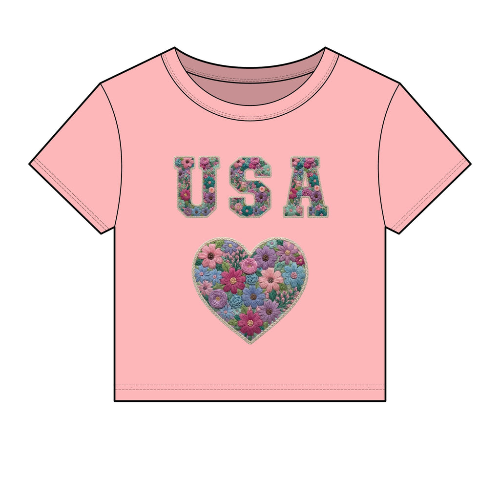 USA Floral Heart Baby Tee for Women – 4th of July