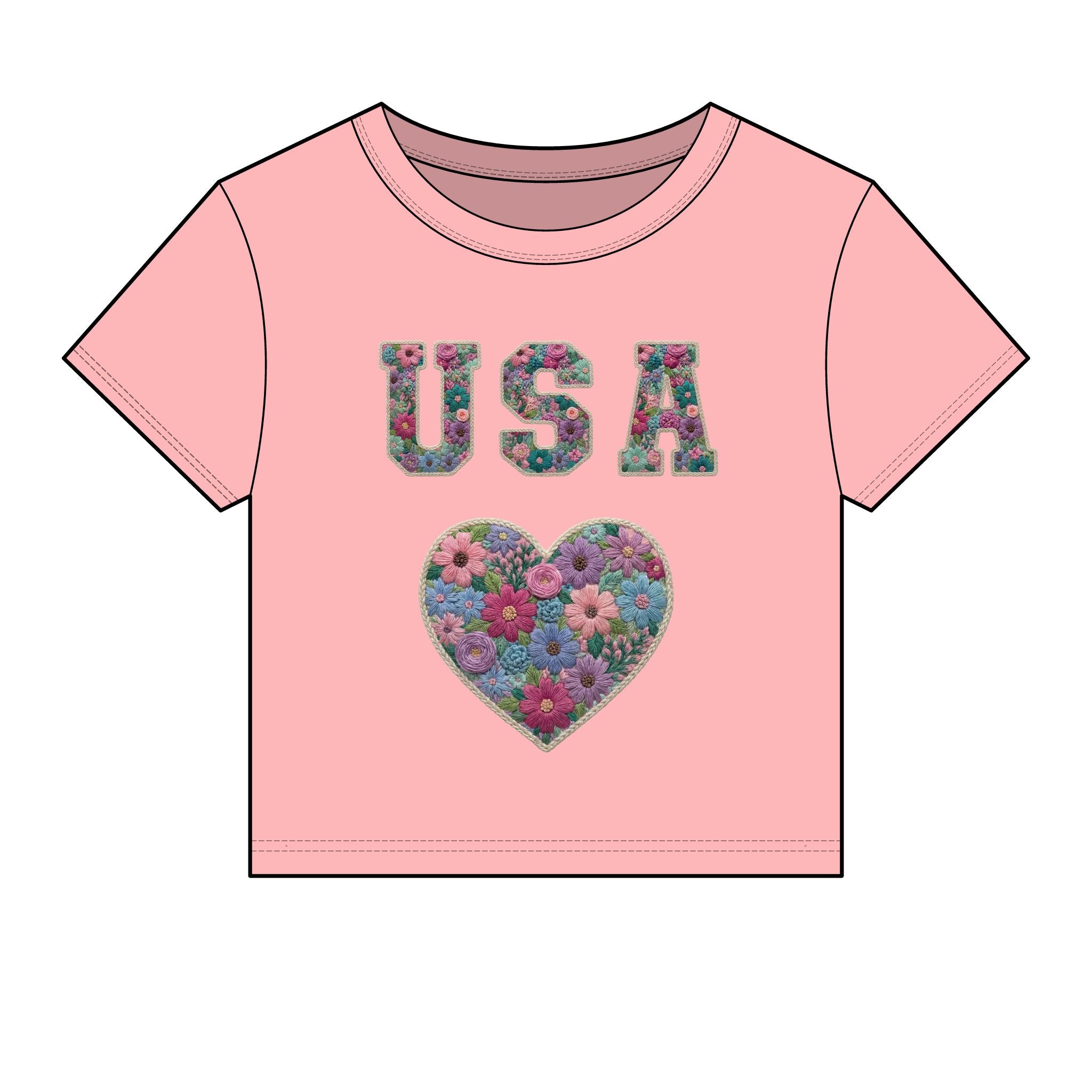 USA Floral Heart Baby Tee for Women – 4th of July