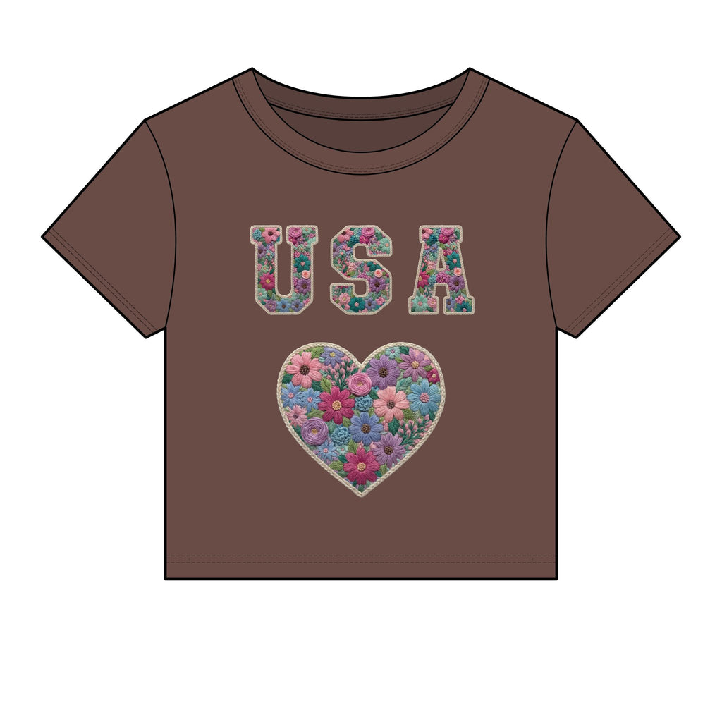 USA Floral Heart Baby Tee for Women – 4th of July