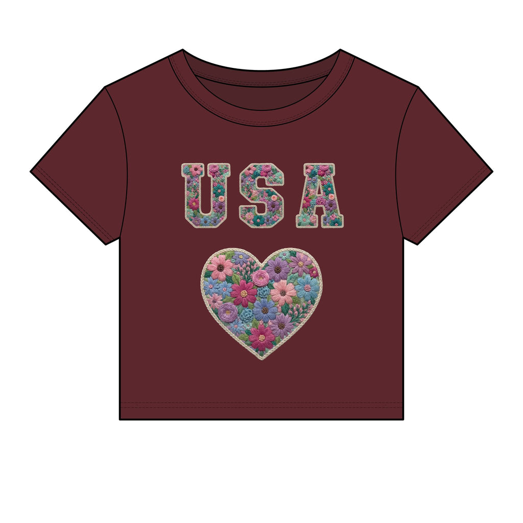 USA Floral Heart Baby Tee for Women – 4th of July
